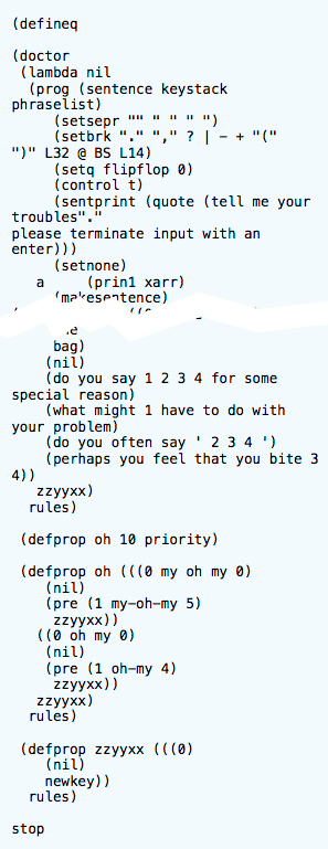 Fragments of the source code of Eliza, an early natural language processor. The whole program takes just over 1000 lines.